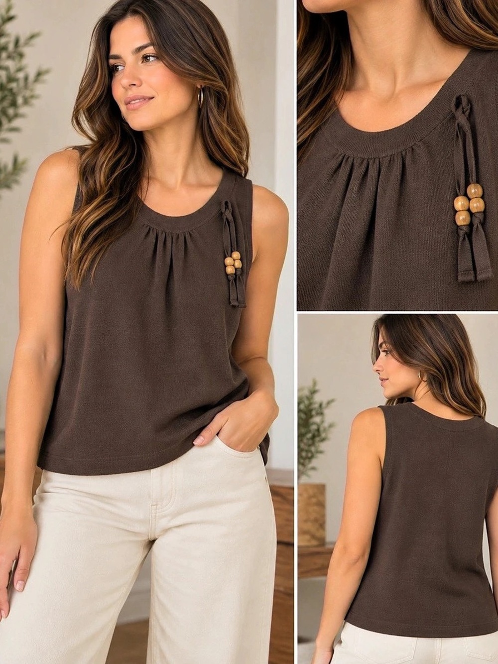 LOFT Beaded Trim Ribbed Knit Tank Top Brown